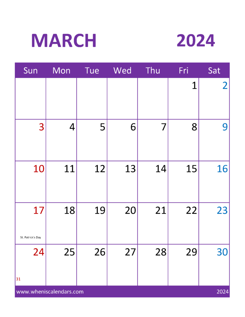 Download March 2024 Calendar editable word Letter Vertical 34111