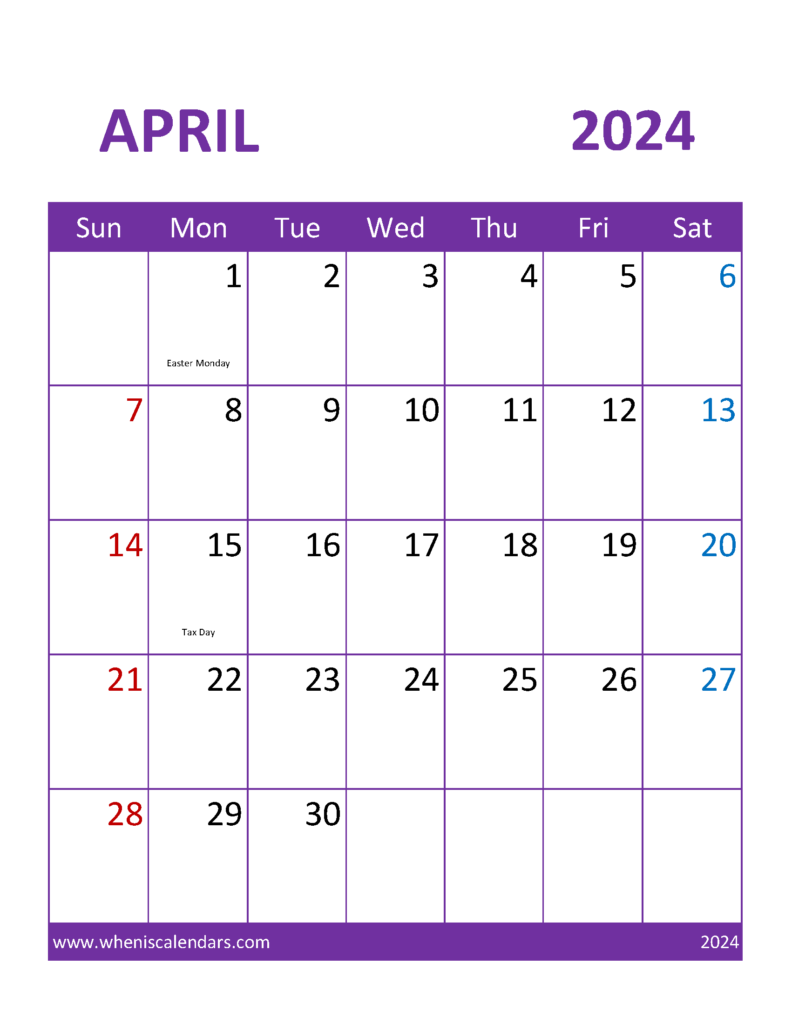 Download April 2024 Calendar editable word Letter Vertical 44111