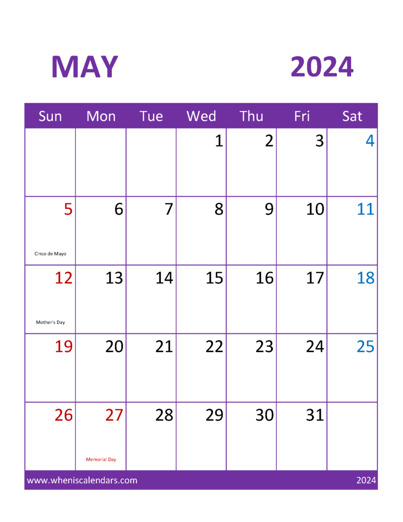 Download May 2024 Calendar editable word Letter Vertical 54111