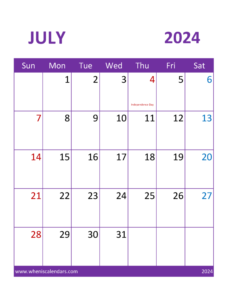 Download July 2024 Calendar editable word Letter Vertical 74111