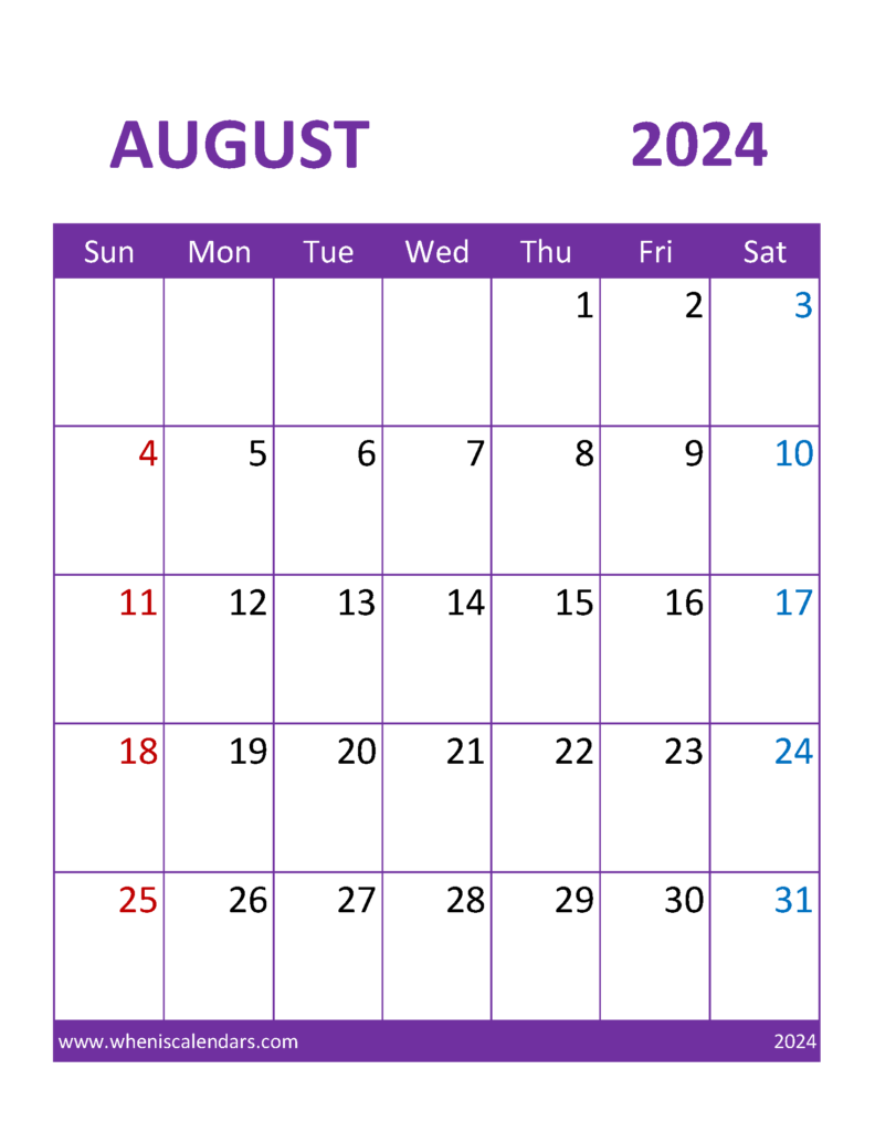 Download August 2024 Calendar editable word Letter Vertical 84111