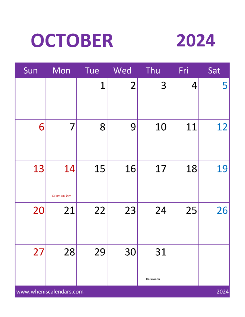 Download October 2024 Calendar editable word Letter Vertical 104111