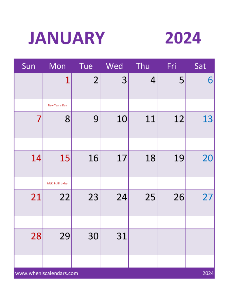 Download Blank Printable January 2024 Calendar Letter Vertical J4112