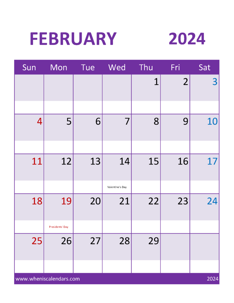 Download Blank Printable February 2024 Calendar Letter Vertical 24112