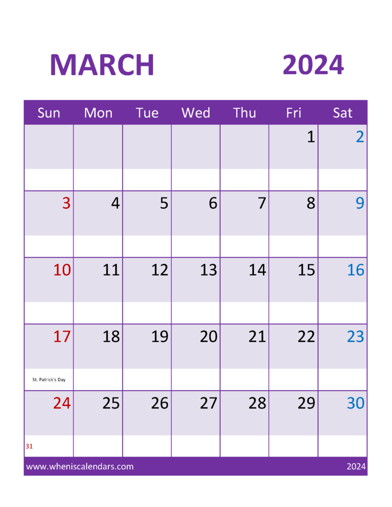 Download Blank Printable March 2024 Calendar Letter Vertical 34112