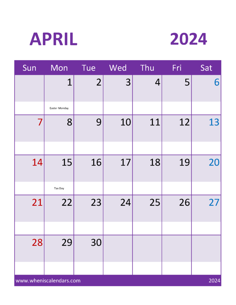 Download Blank Printable April 2024 Calendar Letter Vertical 44112