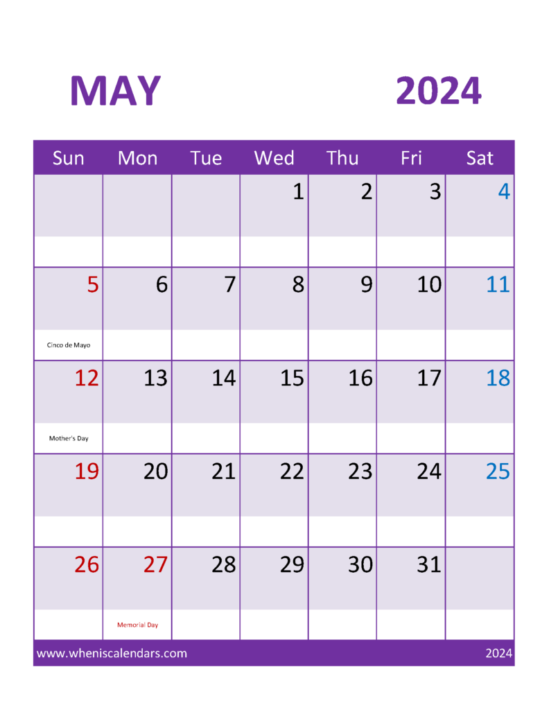 Download Blank Printable May 2024 Calendar Letter Vertical 54112