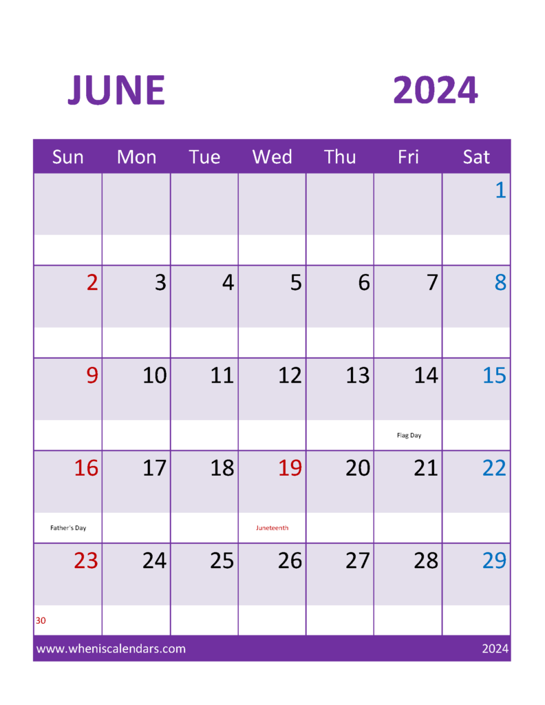 Download Blank Printable June 2024 Calendar Letter Vertical 64112