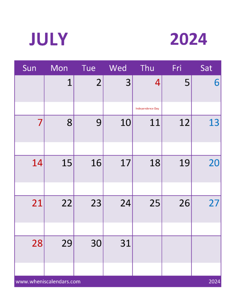 Download Blank Printable July 2024 Calendar Letter Vertical 74112