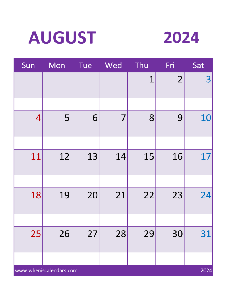 Download Blank Printable August 2024 Calendar Letter Vertical 84112
