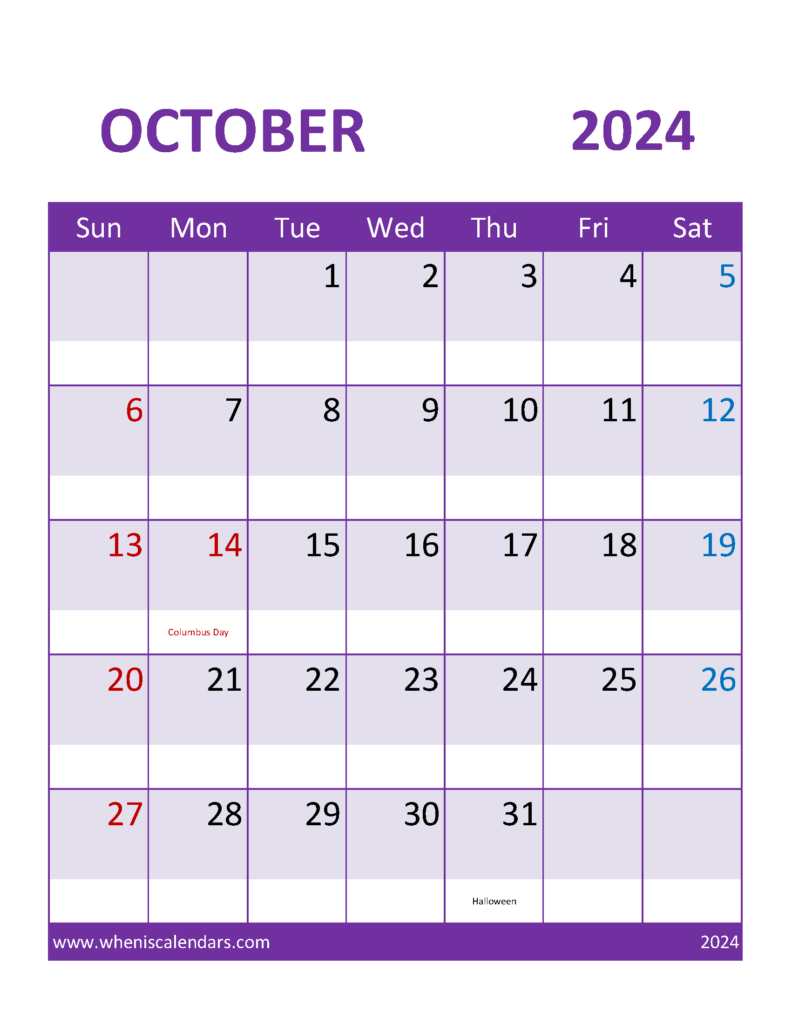 Download Blank Printable October 2024 Calendar Letter Vertical 104112