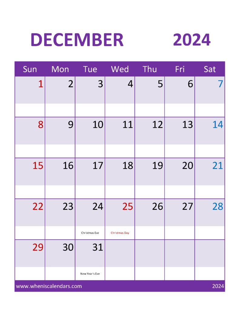 Download Blank Printable December 2024 Calendar Letter Vertical 124112