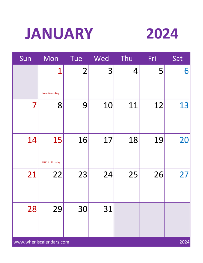 Download Free January 2024 Calendar Template Letter Vertical J4113