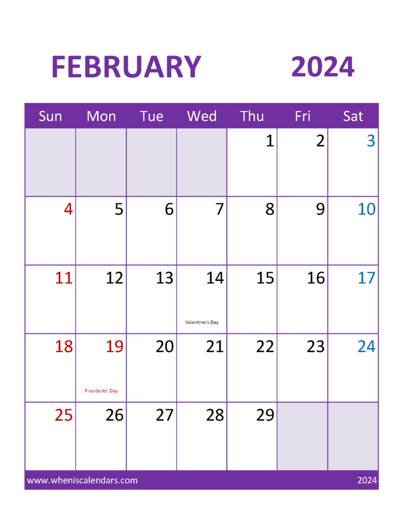 Download Free February 2024 Calendar Template Letter Vertical 24113