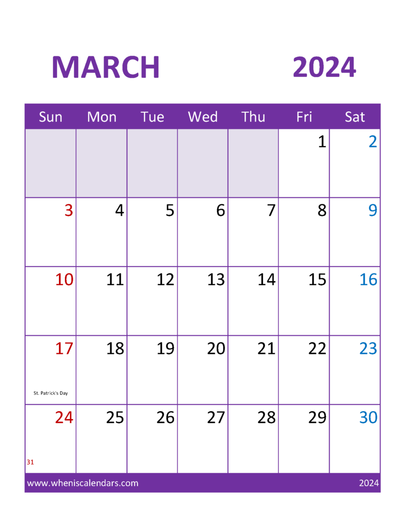 Download Free March 2024 Calendar Template Letter Vertical 34113
