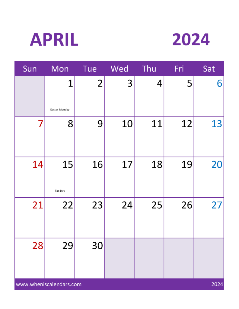 Download Free April 2024 Calendar Template Letter Vertical 44113