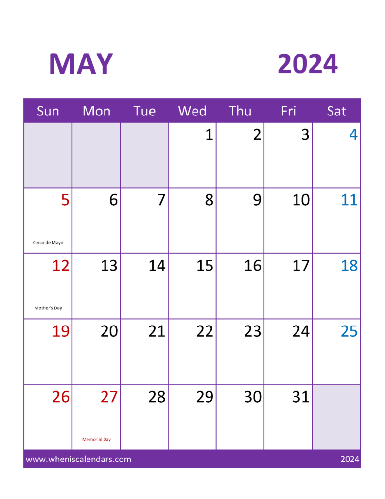 Download Free May 2024 Calendar Template Letter Vertical 54113
