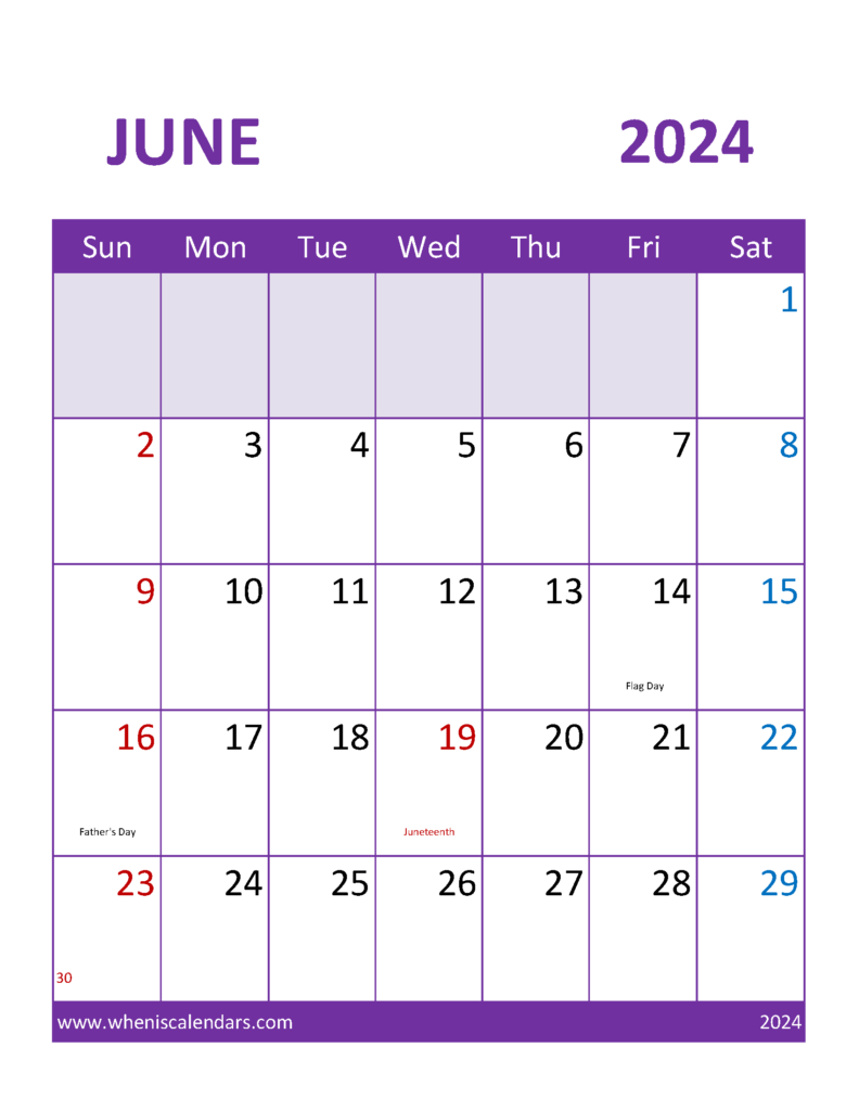 Download Free June 2024 Calendar Template Letter Vertical 64113
