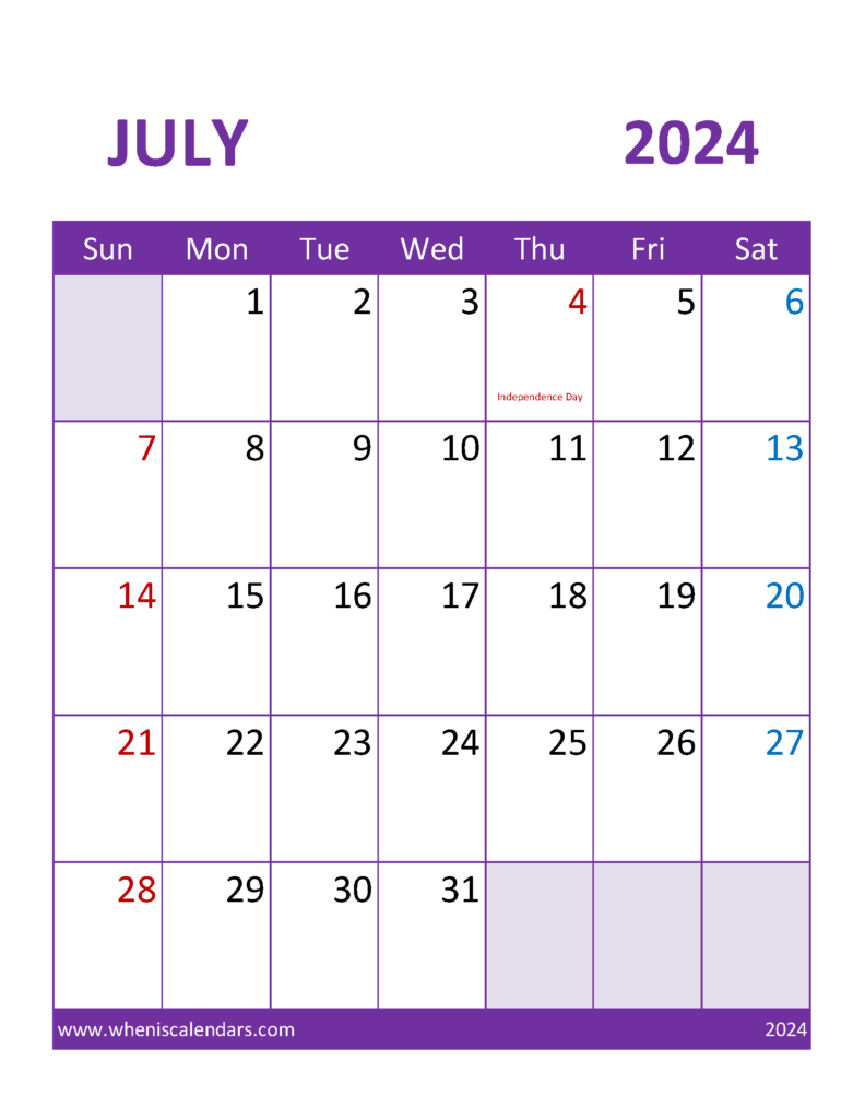 Download Free July 2024 Calendar Template Letter Vertical 74113