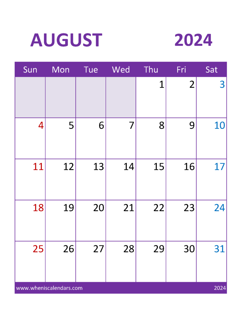 Download Free August 2024 Calendar Template Letter Vertical 84113