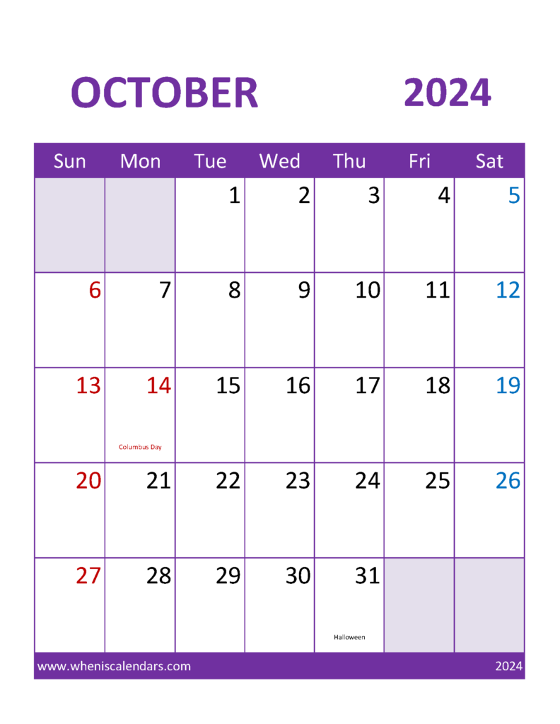 Download Free October 2024 Calendar Template Letter Vertical 104113