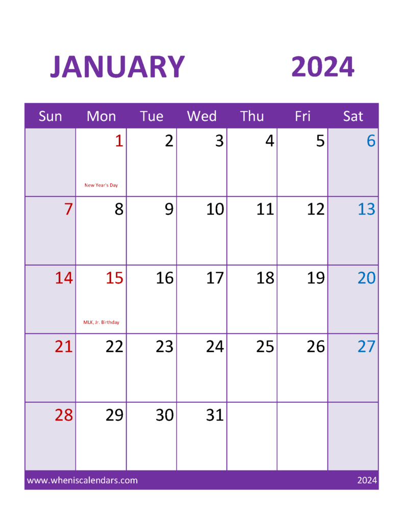Download January 2024 Calendar print out Letter Vertical J4114