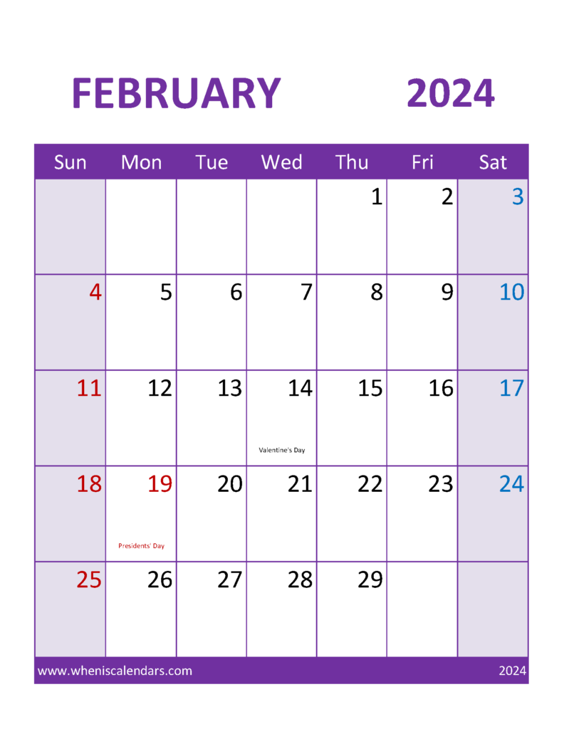 Download February 2024 Calendar print out Letter Vertical 24114