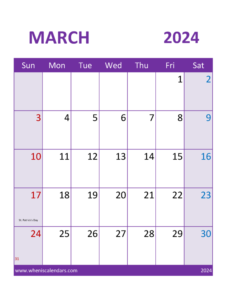 Download March 2024 Calendar print out Letter Vertical 34114