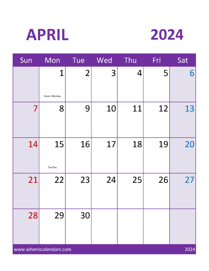 Download April 2024 Calendar print out Letter Vertical 44114