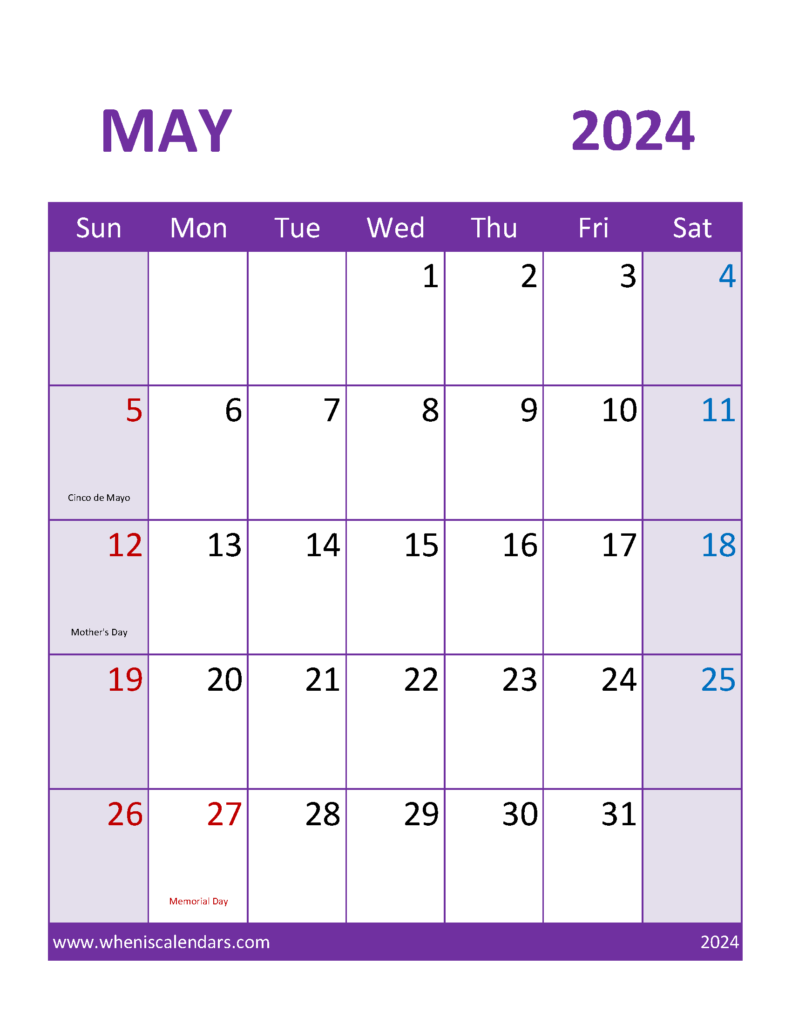 Download May 2024 Calendar print out Letter Vertical 54114