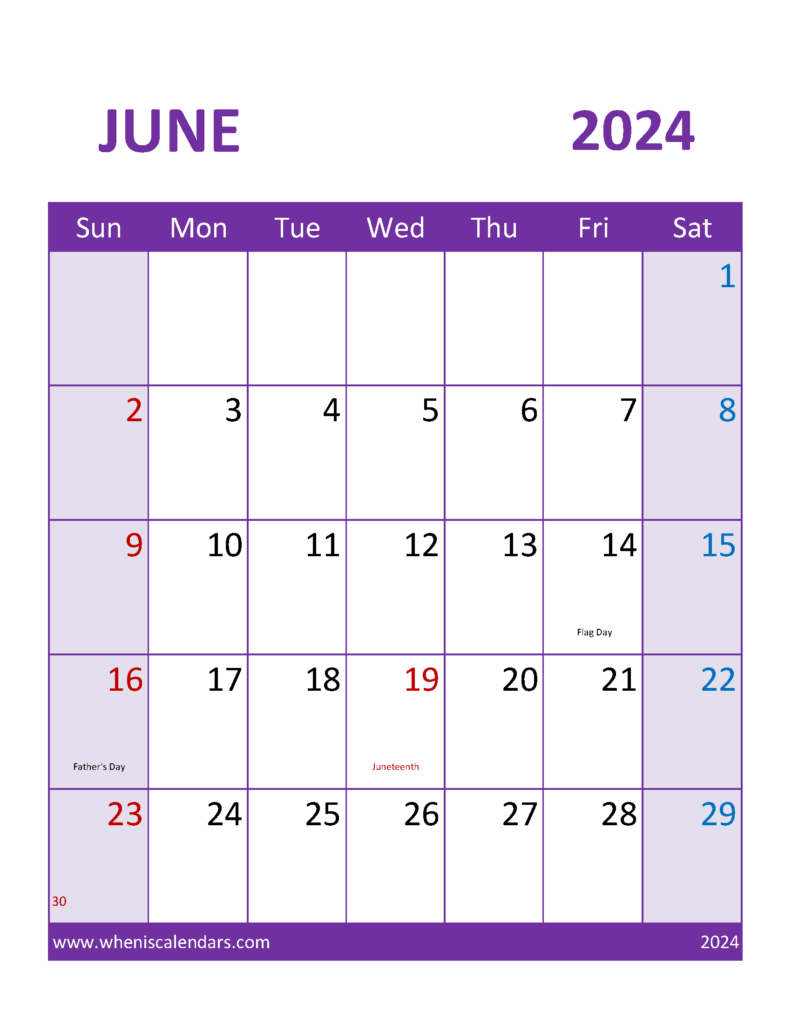 Download June 2024 Calendar print out Letter Vertical 64114