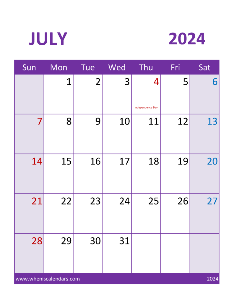 Download July 2024 Calendar print out Letter Vertical 74114