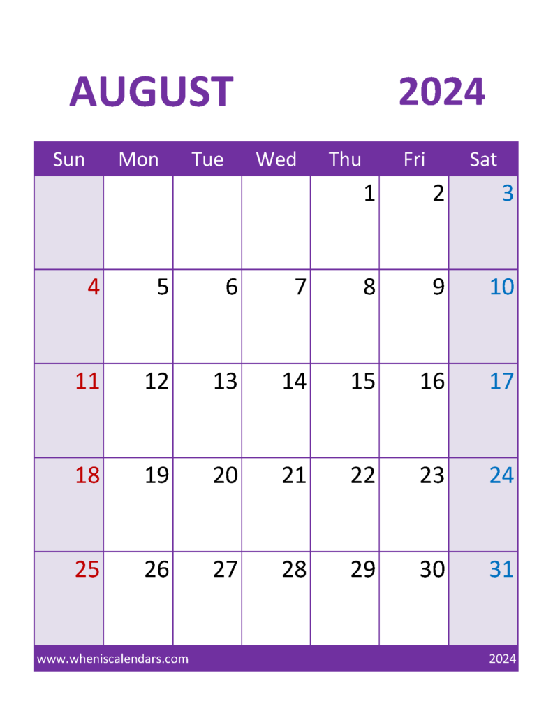 Download August 2024 Calendar print out Letter Vertical 84114