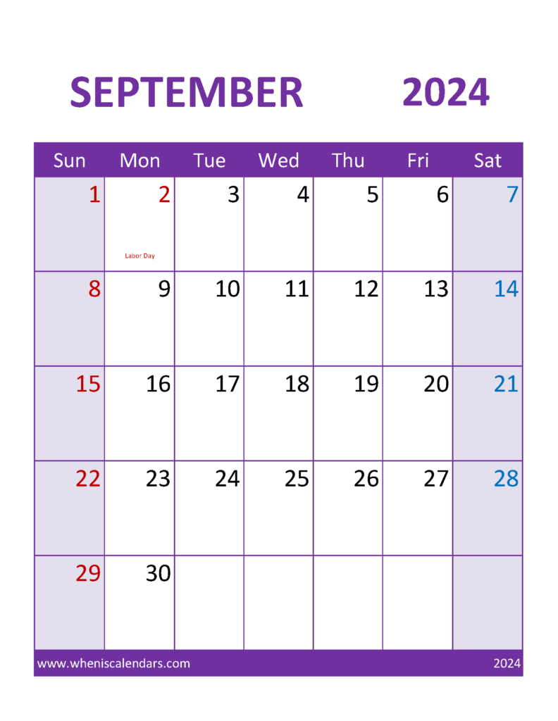 Download September 2024 Calendar print out Letter Vertical 94114