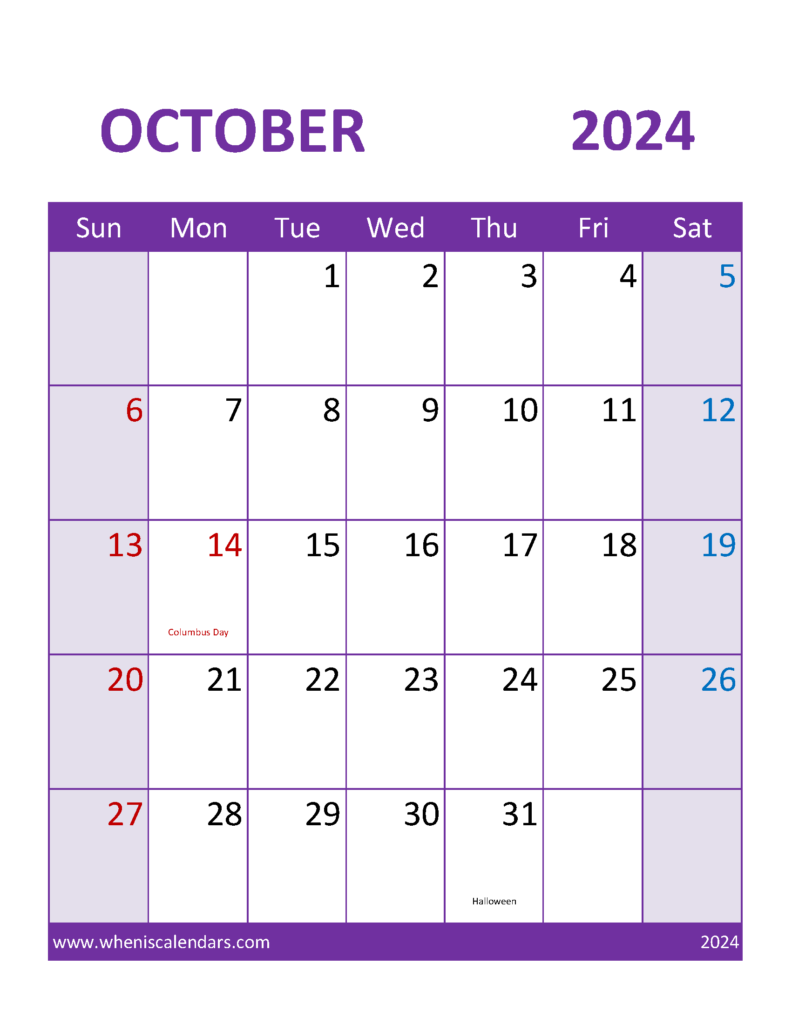 Download October 2024 Calendar print out Letter Vertical 104114