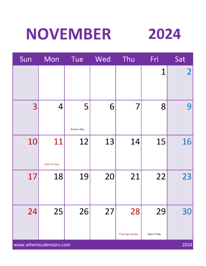 Download November 2024 Calendar print out Letter Vertical 114114