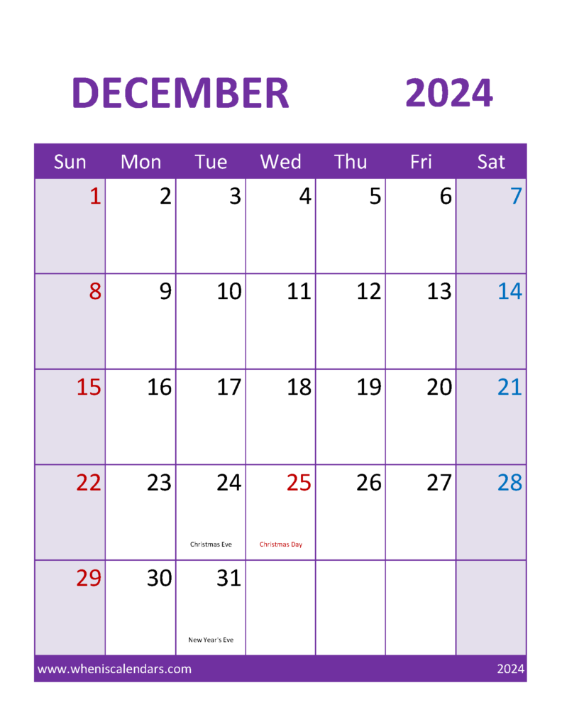 Download December 2024 Calendar print out Letter Vertical 124114