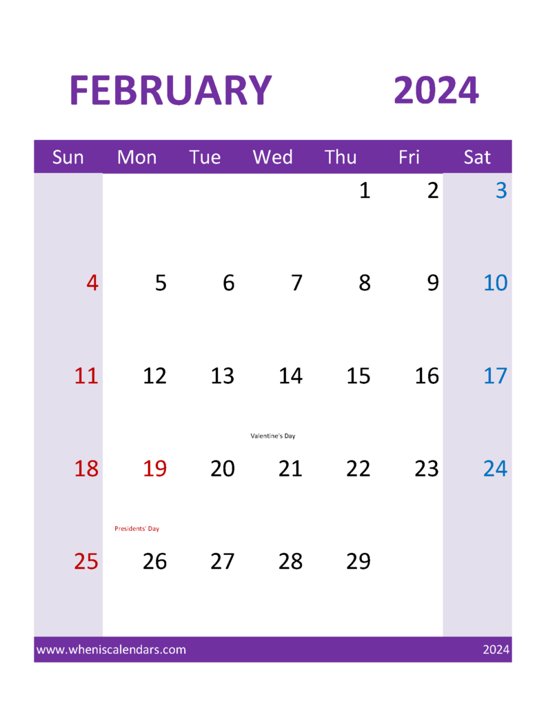 Download Printable Calendars February 2024 Letter Vertical 24115