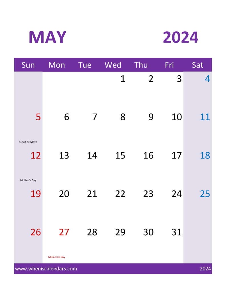 Download Printable Calendars May 2024 Letter Vertical 54115
