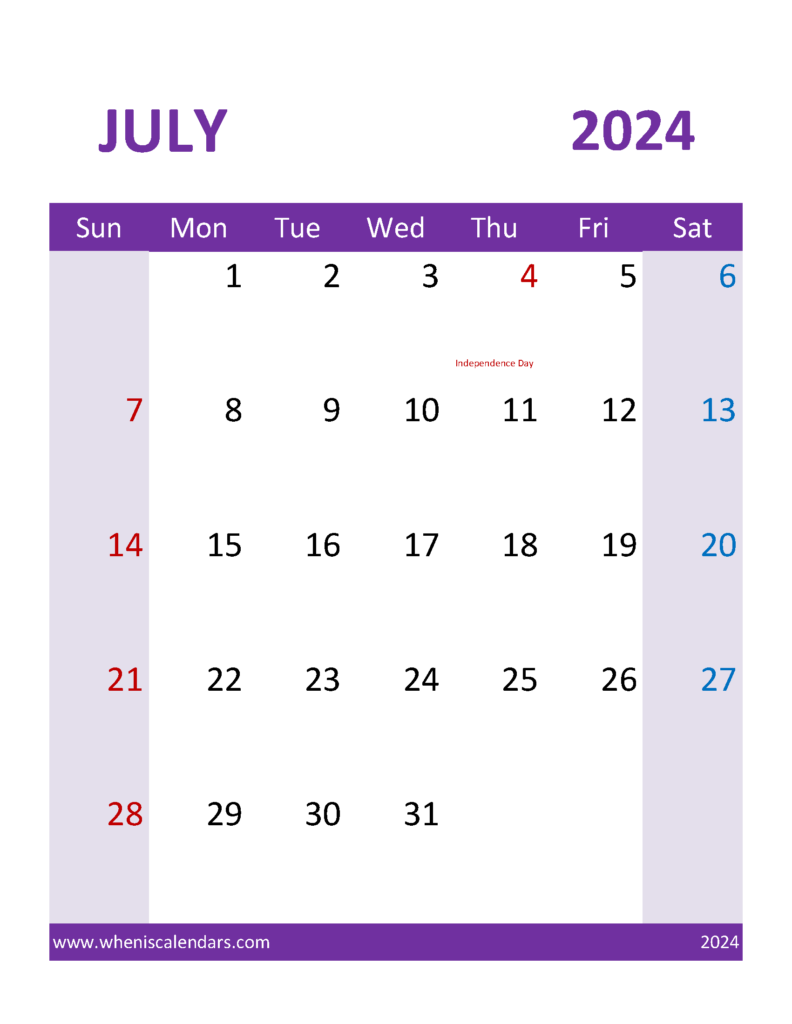 Download Printable Calendars July 2024 Letter Vertical 74115