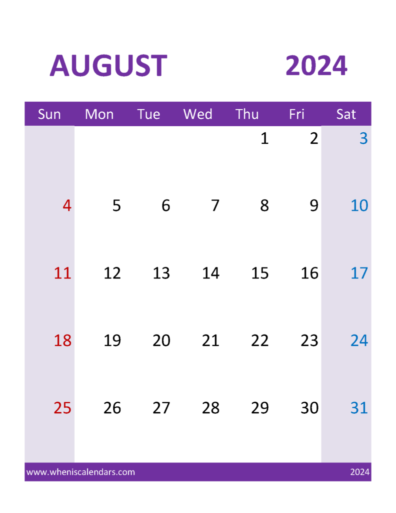 Download Printable Calendars August 2024 Letter Vertical 84115