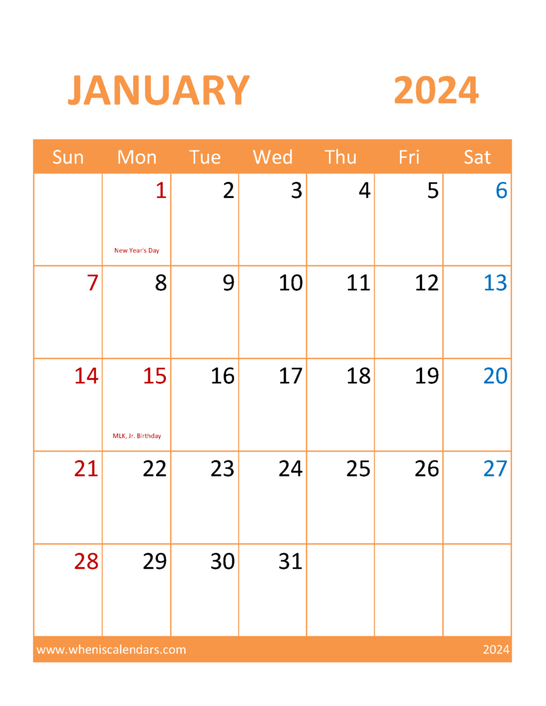 Download Calendar Template January 2024 Printable Letter Vertical J4116
