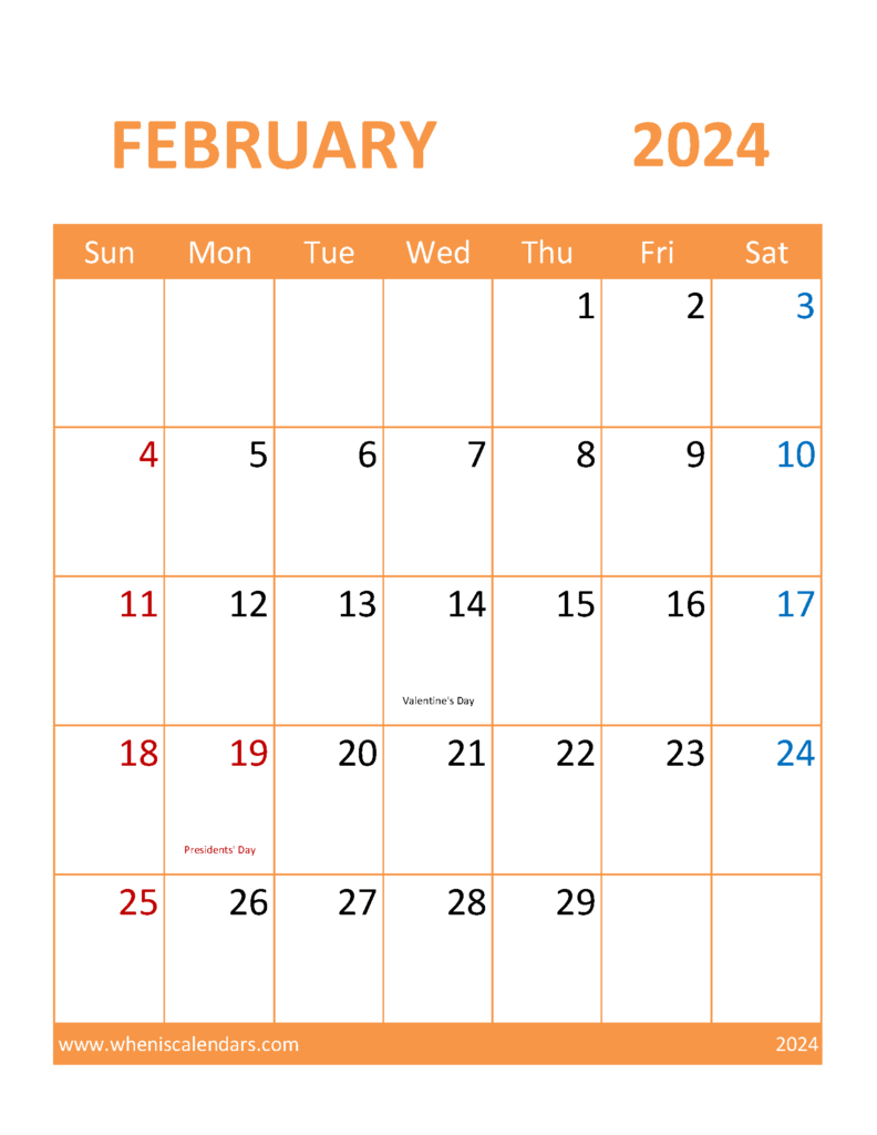 Download Calendar Template February 2024 Printable Letter Vertical 24116