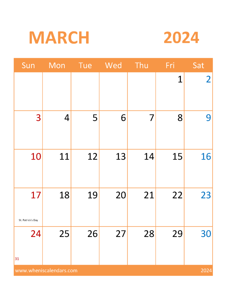 Download Calendar Template March 2024 Printable Letter Vertical 34116