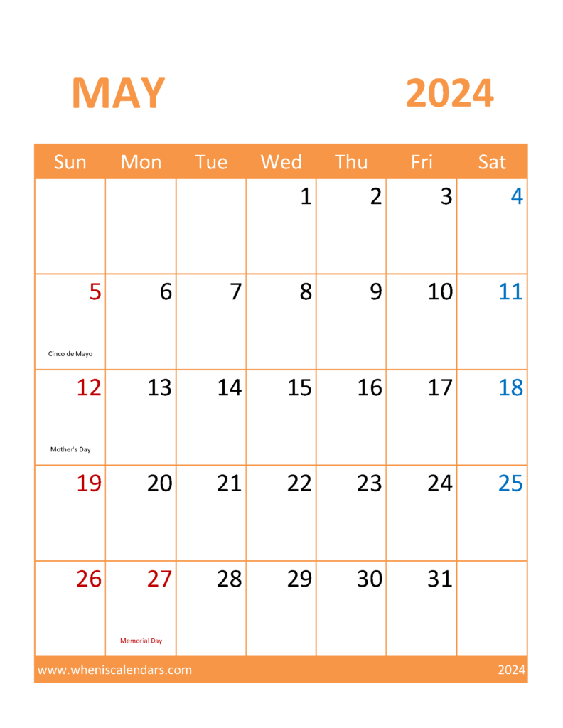 Download Calendar Template May 2024 Printable Letter Vertical 54116