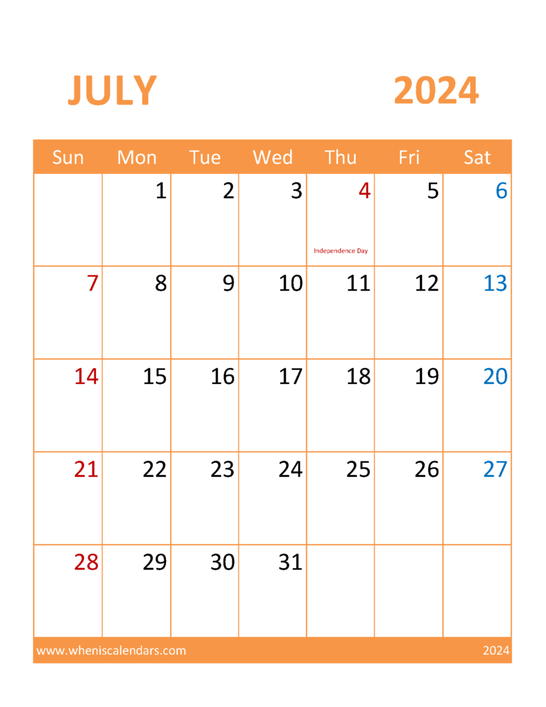 Download Calendar Template July 2024 Printable Letter Vertical 74116