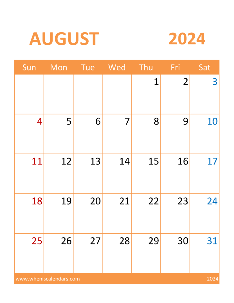 Download Calendar Template August 2024 Printable Letter Vertical 84116