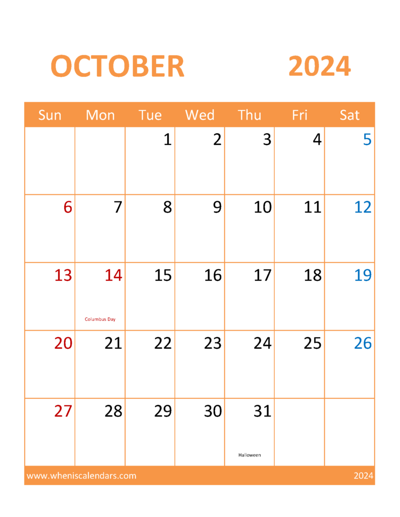 Download Calendar Template October 2024 Printable Letter Vertical 104116