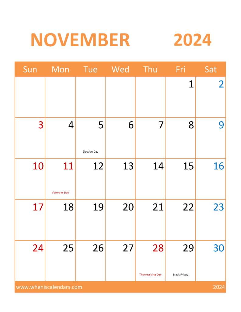 Download Calendar Template November 2024 Printable Letter Vertical 114116