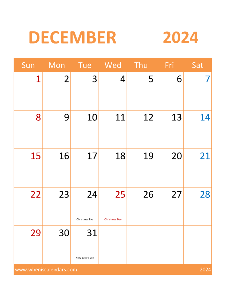 Download Calendar Template December 2024 Printable Letter Vertical 124116